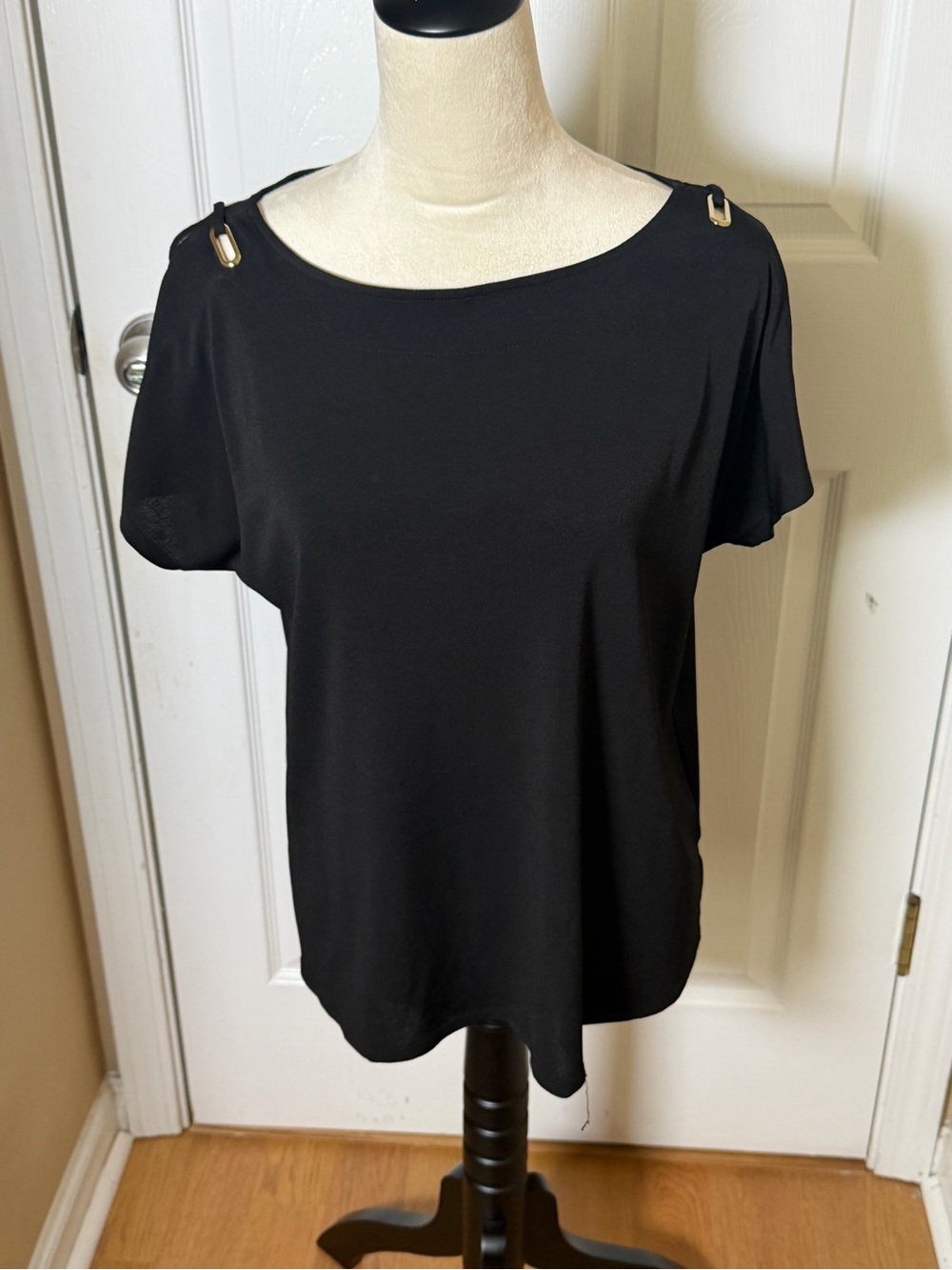 Black Short Sleeve Top with Gold Shoulder Accents C Est 1946 Blouse M